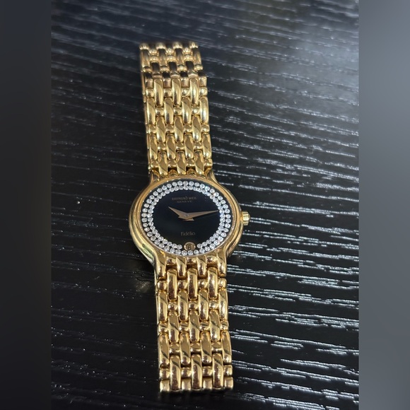 577. Raymond Weil Fidelio Black Dial With Double-Row Diamonds Gold Watch - Picture 3 of 16